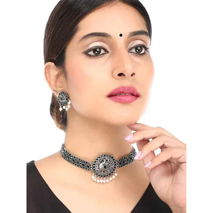 Yellow Chimes PreStyled Sets Yellow Chimes Ethnic German Silver Oxidised Black studded stones Peacock Design Choker Necklace Set Traditional Jewellery Set for Women and Girls Medium YCTJNS55PCKSTNBK