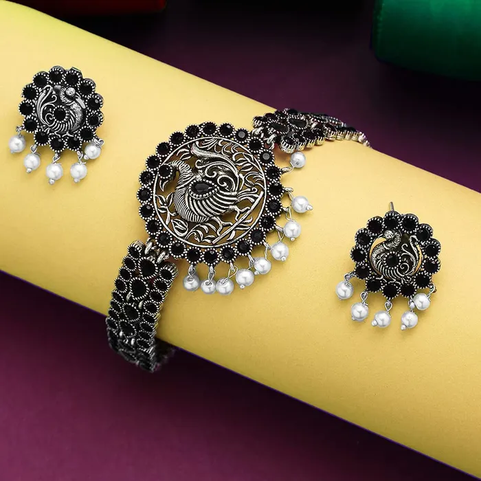 Yellow Chimes PreStyled Sets Yellow Chimes Ethnic German Silver Oxidised Black studded stones Peacock Design Choker Necklace Set Traditional Jewellery Set for Women and Girls Medium YCTJNS55PCKSTNBK