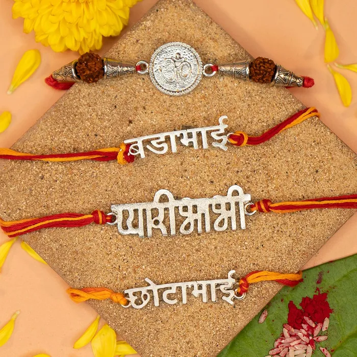 Yellow Chimes Rakhi for Brother Combo of 4 Rakhi Set for Brother Traditional Silver Plated Rakhi Set for Brother and Sister Rakhi with Roli Chawal and Greeting Card Yellow Chimes Necklaces