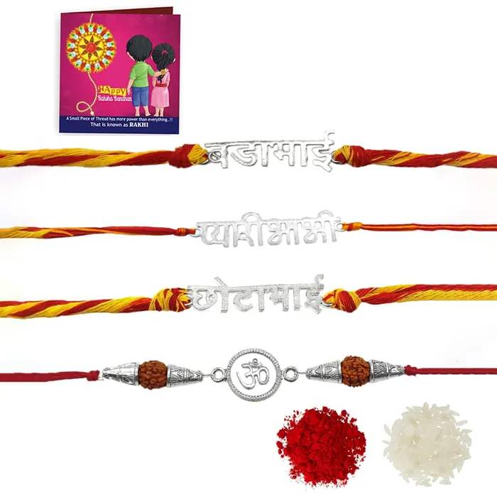 Yellow Chimes Rakhi for Brother Combo of 4 Rakhi Set for Brother Traditional Silver Plated Rakhi Set for Brother and Sister Rakhi with Roli Chawal and Greeting Card Yellow Chimes Necklaces