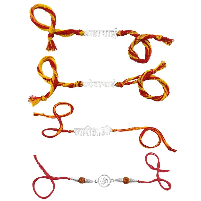 Yellow Chimes Rakhi for Brother Combo of 4 Rakhi Set for Brother Traditional Silver Plated Rakhi Set for Brother and Sister Rakhi with Roli Chawal and Greeting Card Yellow Chimes Necklaces
