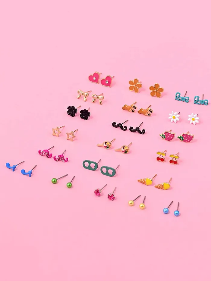 Yellow Chimes Rings Melbees by Yellow Chimes Stud Earrings for Girls Set of 20 Pairs of Cute Shapes Combo Studs Earrings For Kids And Girls