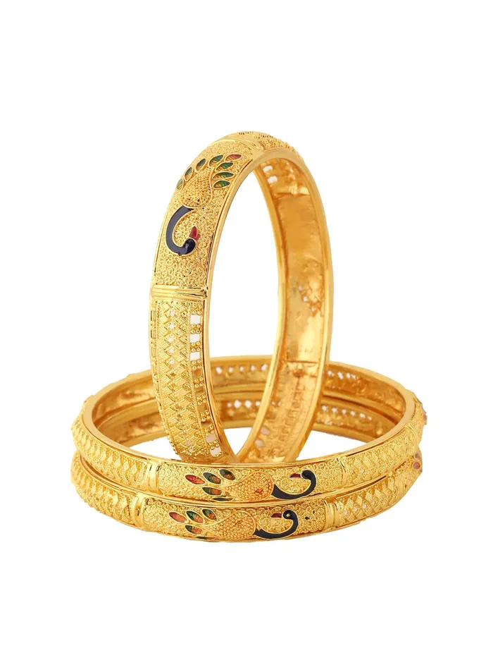 Yellow Chimes Rings Yellow Chimes Bangles for Women Gold Toned Peacock Designed Meenakari Touch Set of 3 Pcs Traditional Bangles for Women and Girls