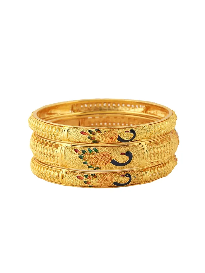 Yellow Chimes Rings Yellow Chimes Bangles for Women Gold Toned Peacock Designed Meenakari Touch Set of 3 Pcs Traditional Bangles for Women and Girls