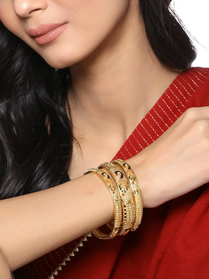 Yellow Chimes Rings Yellow Chimes Bangles for Women Gold Toned Peacock Designed Meenakari Touch Set of 3 Pcs Traditional Bangles for Women and Girls