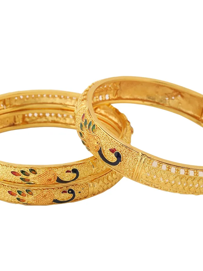 Yellow Chimes Rings Yellow Chimes Bangles for Women Gold Toned Peacock Designed Meenakari Touch Set of 3 Pcs Traditional Bangles for Women and Girls