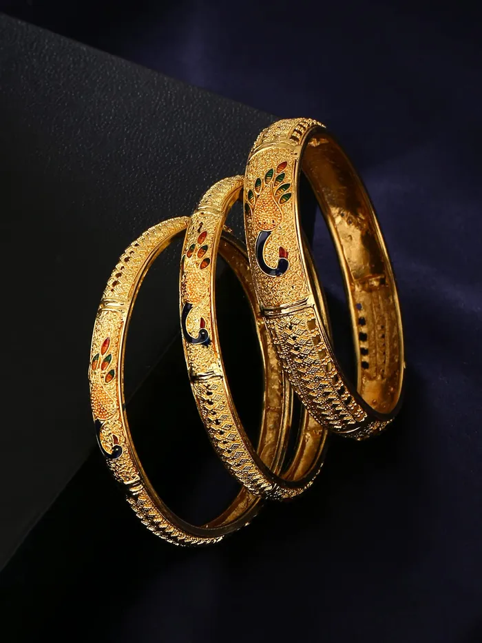 Yellow Chimes Rings Yellow Chimes Bangles for Women Gold Toned Peacock Designed Meenakari Touch Set of 3 Pcs Traditional Bangles for Women and Girls