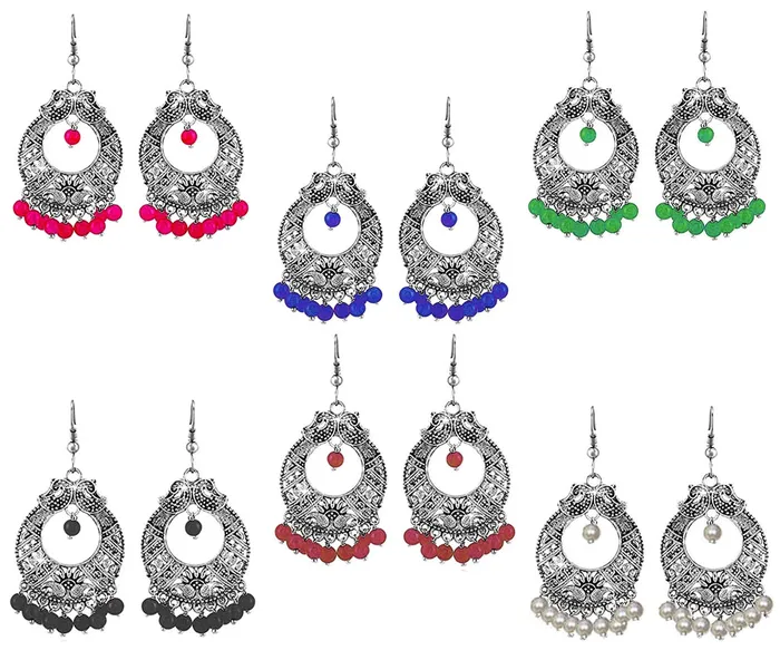 Yellow Chimes Rings Yellow Chimes Combo of 6 Pairs Silver Oxidised Chand Bali Afghani Style Traditional Hoop Chandbali Earrings For Women and Girls