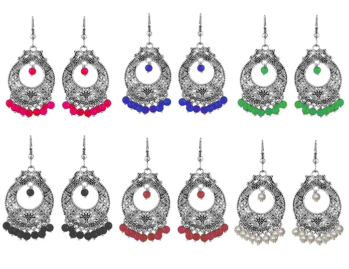 Yellow Chimes Rings Yellow Chimes Combo of 6 Pairs Silver Oxidised Chand Bali Afghani Style Traditional Hoop Chandbali Earrings For Women and Girls