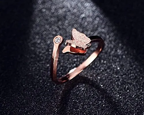 Yellow Chimes Rings Yellow Chimes Crystal Rings For Women Adjustable Ring Dual Butterfly Ring Crystal Ring Stainless Steel Rose Gold Plated Finger Ring for Girls Birthday Gift For Girls Anniversary Gift for Wife