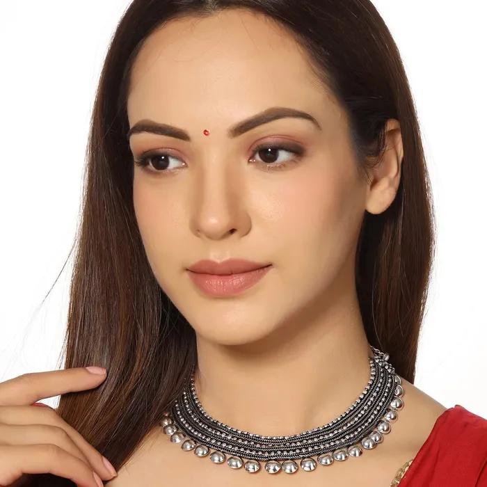 Yellow Chimes Rings Yellow Chimes Necklaces for Women Adjustable Silver Oxidised Beads Studded Choker Necklace for Women and Girls NK 3