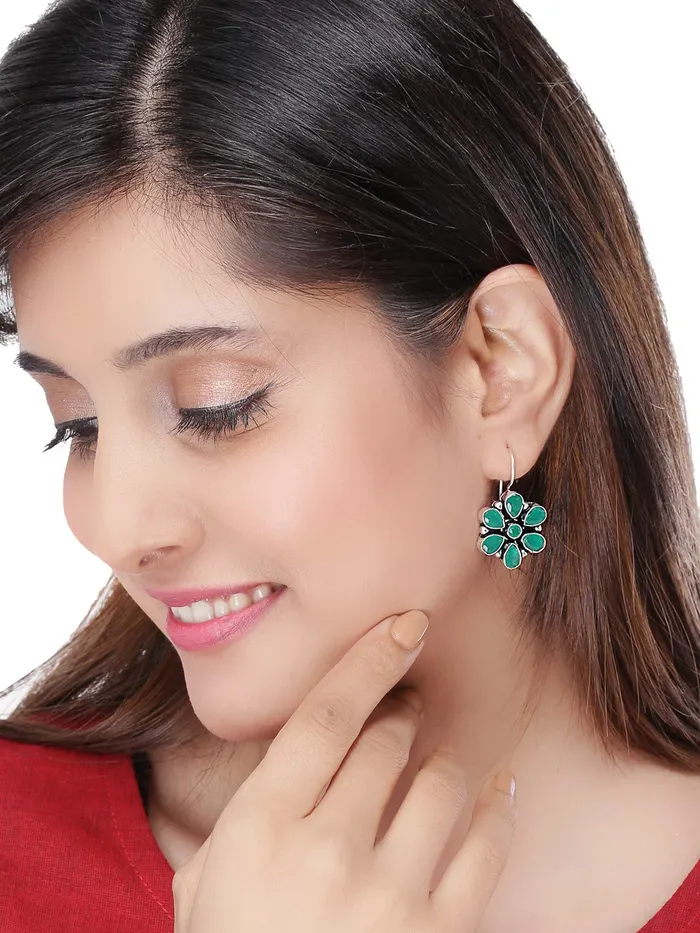 Yellow Chimes Rings Yellow Chimes Oxidised Drop Earrings for Women Silver Oxidised Handmand Floral Charm Studded Pink Stone Drop Earrings Women and Girls