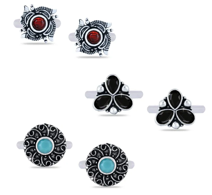 Yellow Chimes Rings Yellow Chimes Oxidised Toe Rings for Women 6 Pairs Silver Oxidised Toe Ring Set Floral Designs Adjustable Toe Rings for Women and Girls