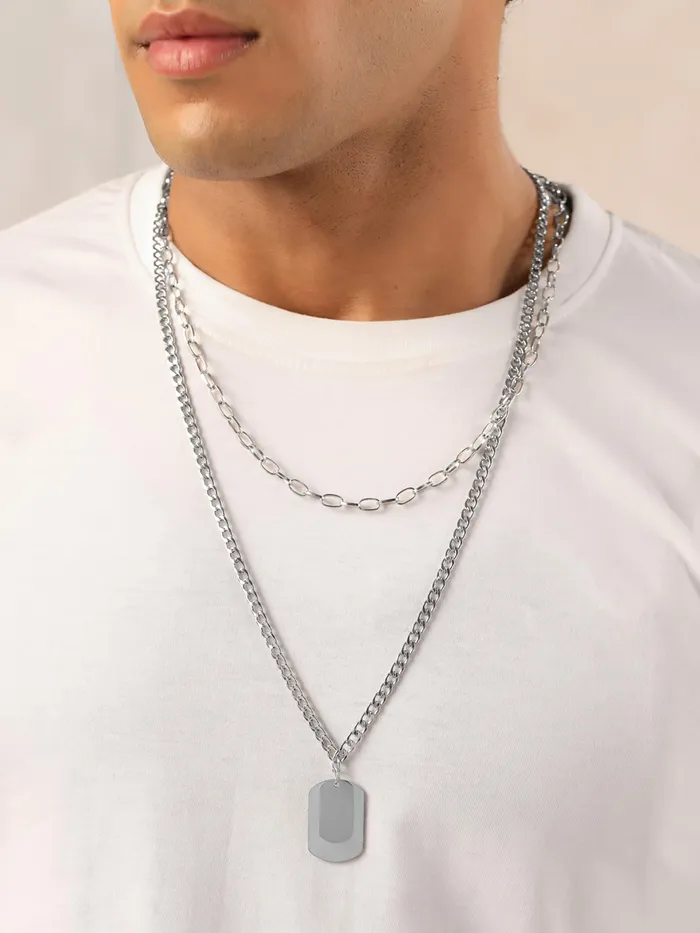 Yellow Chimes Silver Chain Pendant for Men Layered Dog Tag Neck Chains for Men Urban Edge Fashion Accessories for Men Birthday Gift for Men and Boys Anniversary Gift for Husband Yellow Chimes Necklaces