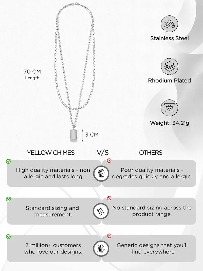 Yellow Chimes Silver Chain Pendant for Men Layered Dog Tag Neck Chains for Men Urban Edge Fashion Accessories for Men Birthday Gift for Men and Boys Anniversary Gift for Husband Yellow Chimes Necklaces