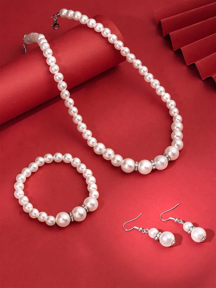 Yellow Chimes White Pearl Necklace Set with Bracelet Earrings Pearl Jewellery Set for Women SilverWhite YCFJNS221PERLWH Yellow Chimes Necklaces