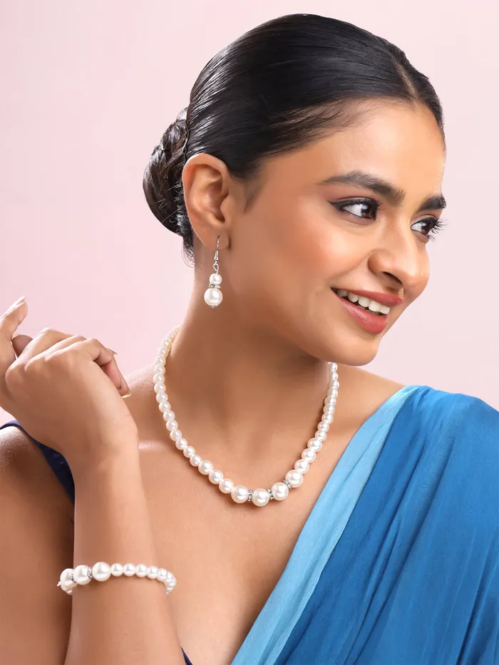 Yellow Chimes White Pearl Necklace Set with Bracelet Earrings Pearl Jewellery Set for Women SilverWhite YCFJNS221PERLWH Yellow Chimes Necklaces