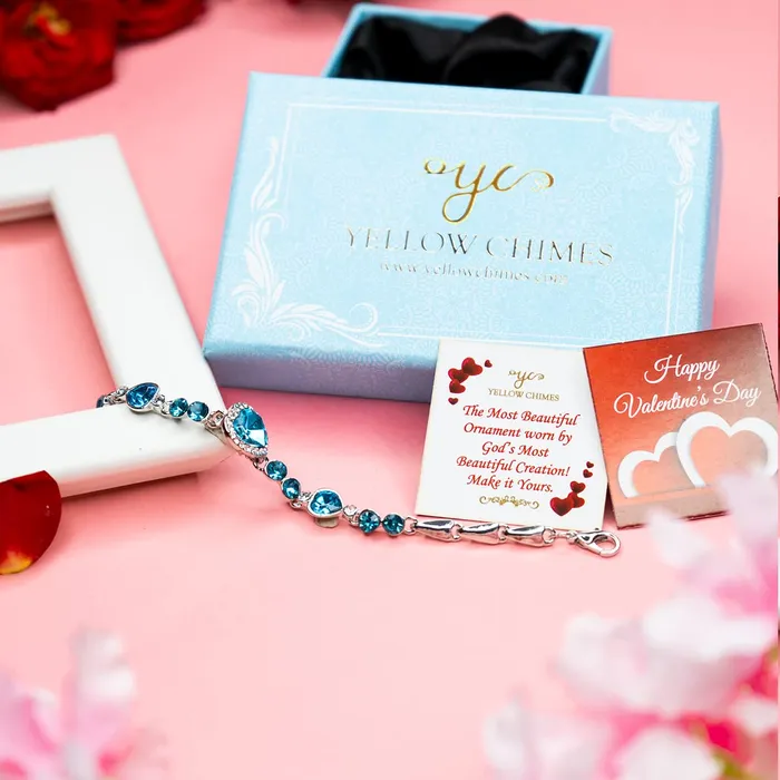 Yellow Chimes Yellow Chimes Bracelet for Women Blue and White Heart Shaped Crystal Bracelets Silver Toned Valentine Crystal Bracelet Accessories Jewellery Birthday And Anniversary Gift Bracelets