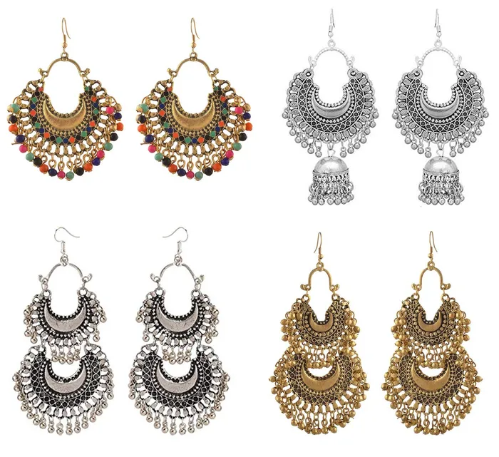 Yellow Chimes Yellow Chimes Chandbali Earrings for Women Silver Oxidised Chand bali Combo of 4 Pairs Afghani Style Traditional Jhumka Earrings for Women and Girls Bracelets