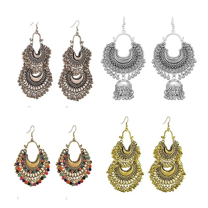 Yellow Chimes Yellow Chimes Chandbali Earrings for Women Silver Oxidised Chand bali Combo of 4 Pairs Afghani Style Traditional Jhumka Earrings for Women and Girls Bracelets