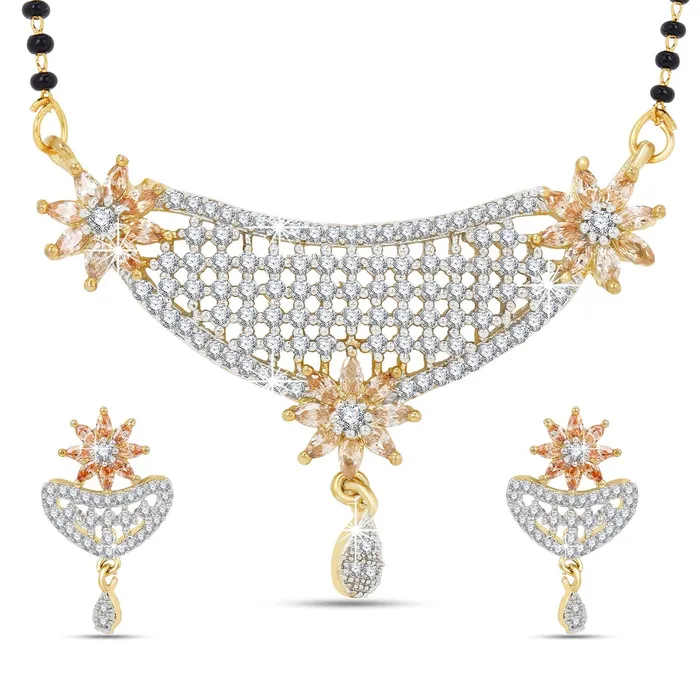 Yellow Chimes Yellow Chimes Classic Gold ADAmerican Diamond Studded Black Beads Designer Floral Mangalsutra Set with Earrings for Women Necklaces