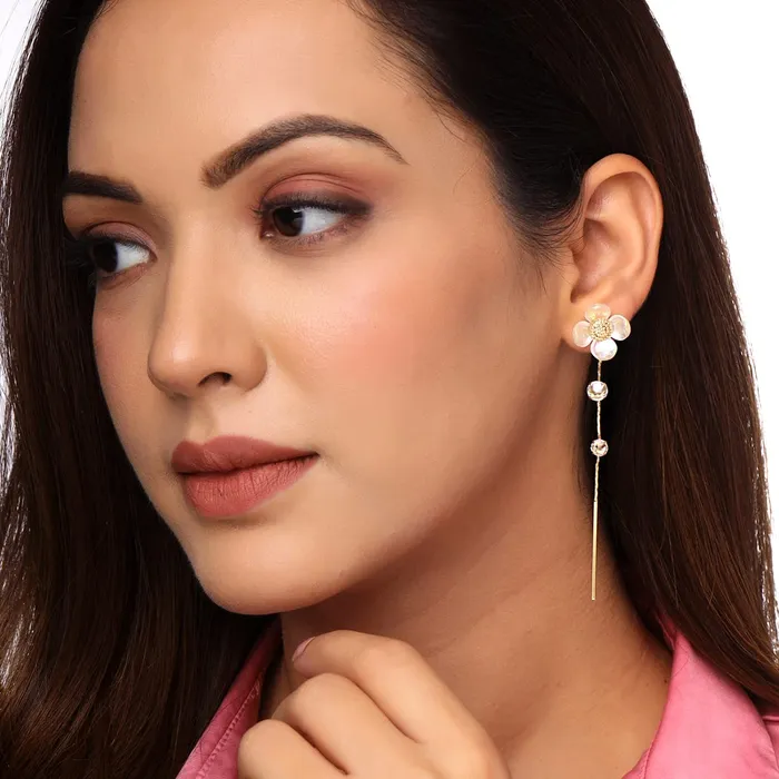 Yellow Chimes Yellow Chimes Earrings For Women Gold Tone White Color Floral Stud Linear Chain Back Drop With Crystal Studded Dangler Earrings For Women and Girls Earrings