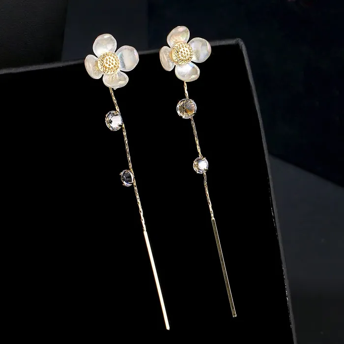 Yellow Chimes Yellow Chimes Earrings For Women Gold Tone White Color Floral Stud Linear Chain Back Drop With Crystal Studded Dangler Earrings For Women and Girls Earrings