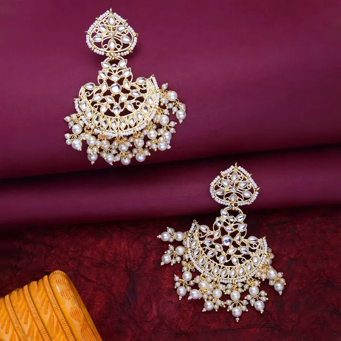 Yellow Chimes Yellow Chimes Earrings for Women Gold Toned Kundan Studded Pearl Drop Chandbali Designed Drop Earrings for Women and Girls ER11 Bracelets
