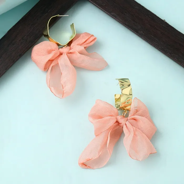 Yellow Chimes Yellow Chimes Earrings For Women Pink Colored Cloth Woven Bow Shaped Hoop Earrings For Women and Girls Earrings