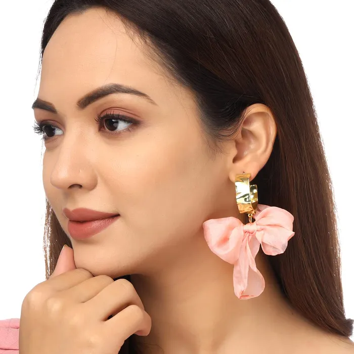 Yellow Chimes Yellow Chimes Earrings For Women Pink Colored Cloth Woven Bow Shaped Hoop Earrings For Women and Girls Earrings