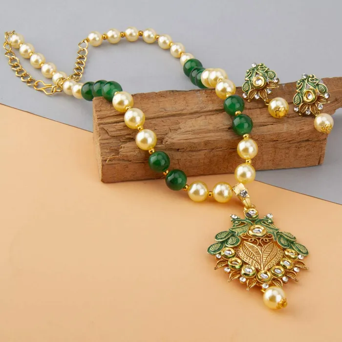 Yellow Chimes Yellow Chimes Exclusive Traditional Floral Peacock Desaign Pearl Kundan Necklace with Drop Earrings for Women Earrings