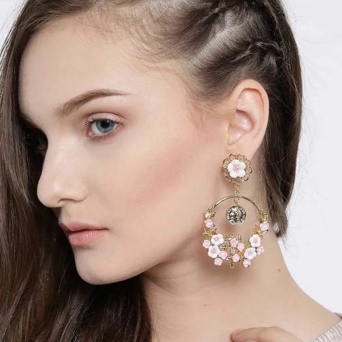Yellow Chimes Yellow Chimes Floral Design Pink Chandelier Dangle Drop Earrings for Women and Girls Earrings