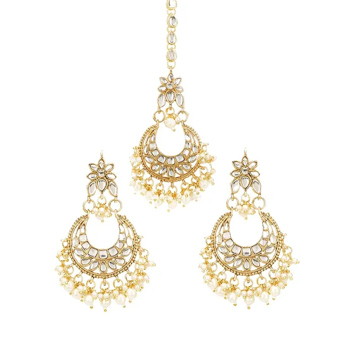 Yellow Chimes Yellow Chimes Kundan Jewellery Set for Women Gold Plated Kundan Earrings Set Pearls Chandbali Earrings With Maangtikka Set for Women and Girls Necklaces Yellow Chimes Yellow Chimes Kundan Jewellery Set for Women Gold Plated Kundan Earrings Set Pearls Chandbali Earrings With Maangtikka Set for Women and Girls Necklaces