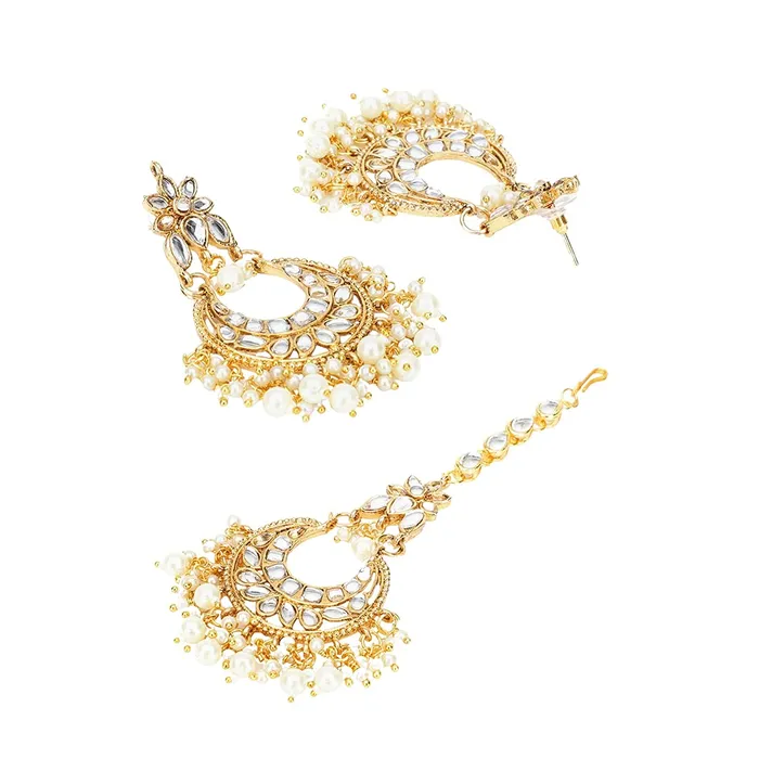 Yellow Chimes Yellow Chimes Kundan Jewellery Set for Women Gold Plated Kundan Earrings Set Pearls Chandbali Earrings With Maangtikka Set for Women and Girls Necklaces