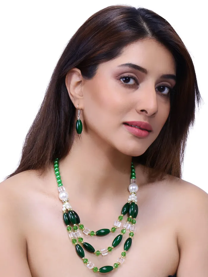 Yellow Chimes Yellow Chimes Necklace Set For Women Multilayer Dark Green Stone Pearl Beaded Necklace With Earring For Women and Girls Earrings