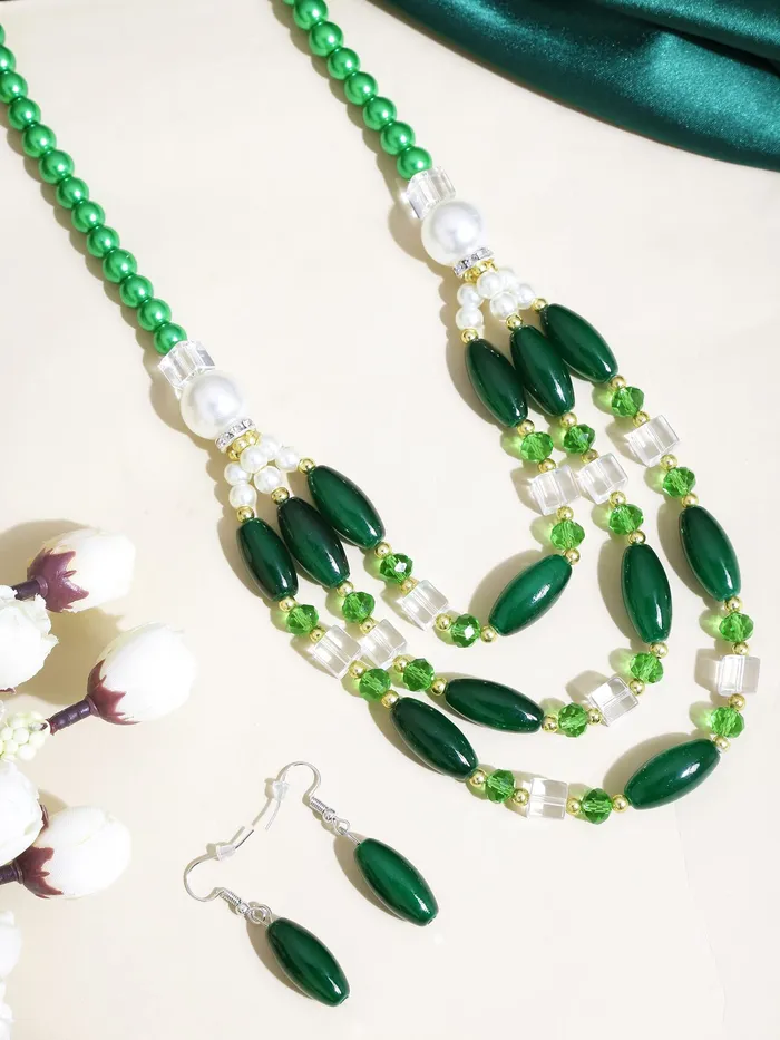Yellow Chimes Yellow Chimes Necklace Set For Women Multilayer Dark Green Stone Pearl Beaded Necklace With Earring For Women and Girls Earrings