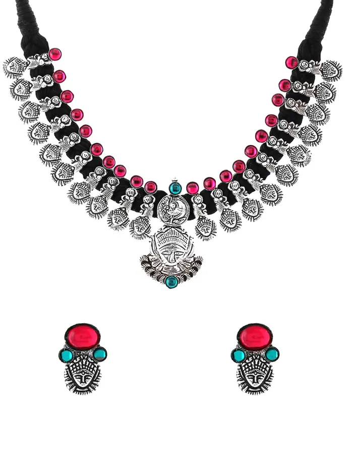 Yellow Chimes Yellow Chimes Oxidised Jewellery Set for Women Authentic Kolhapuri Work Handmade Silver Durga Ma Choker Necklace Sets for Women and Girls Necklaces Yellow Chimes Yellow Chimes Oxidised Jewellery Set for Women Authentic Kolhapuri Work Handmade Silver Durga Ma Choker Necklace Sets for Women and Girls Necklaces
