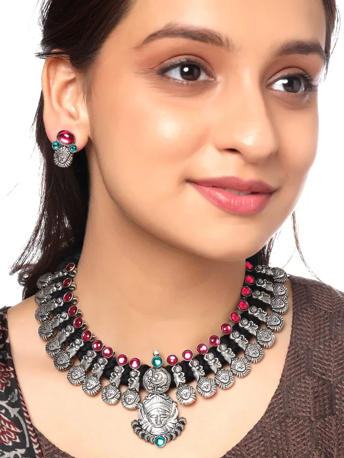 Yellow Chimes Yellow Chimes Oxidised Jewellery Set for Women Authentic Kolhapuri Work Handmade Silver Durga Ma Choker Necklace Sets for Women and Girls Necklaces