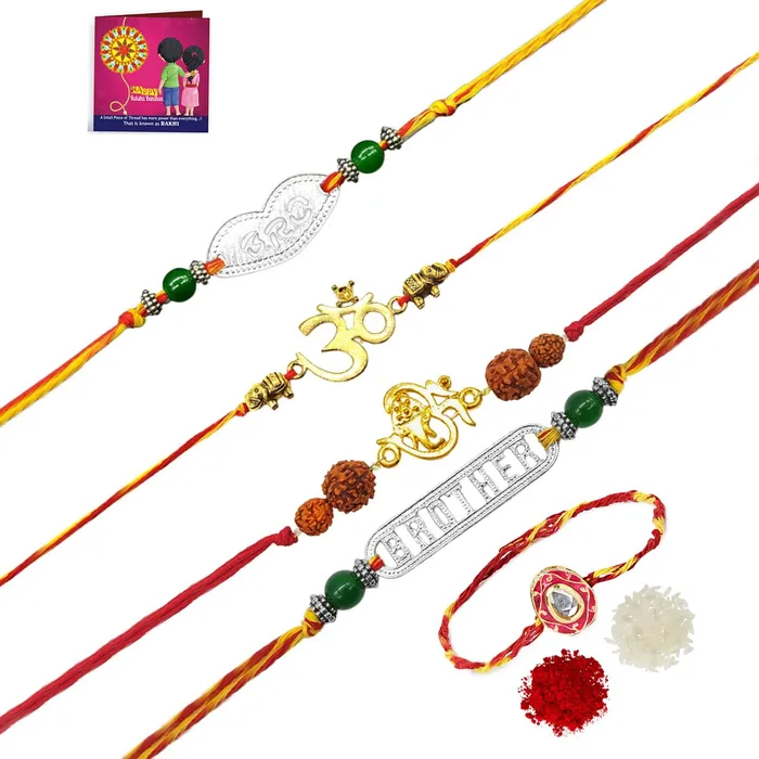 Yellow Chimes Yellow Chimes Rakhi for Brother Combo of 5 Rakhi Set for Brother Traditional Gold and Silver Plated Rakhi Set for Brother and Sister Rakhi with Roli Chawal and Greeting Card Earrings