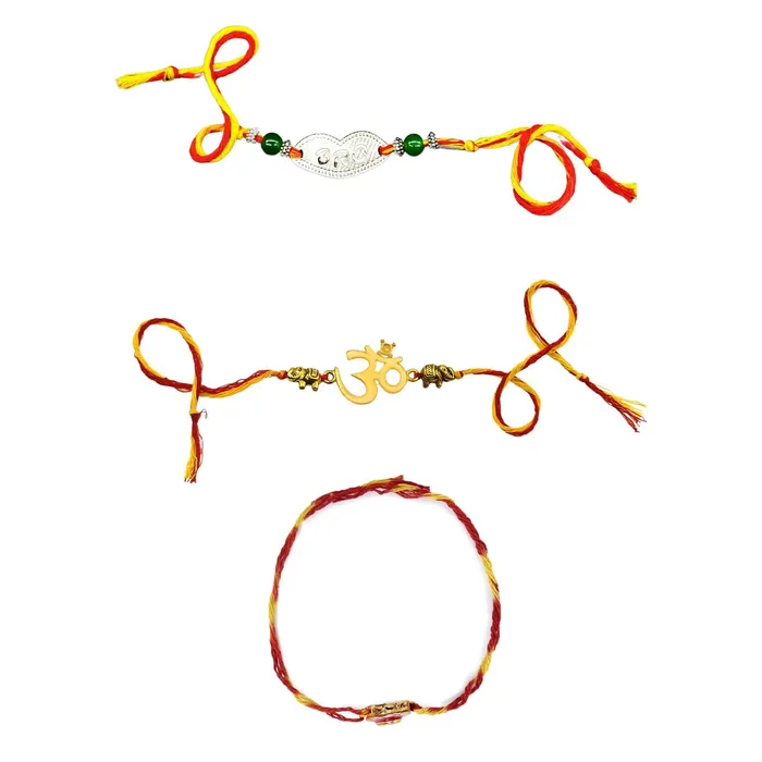 Yellow Chimes Yellow Chimes Rakhi for Brother Combo of 5 Rakhi Set for Brother Traditional Gold and Silver Plated Rakhi Set for Brother and Sister Rakhi with Roli Chawal and Greeting Card Earrings