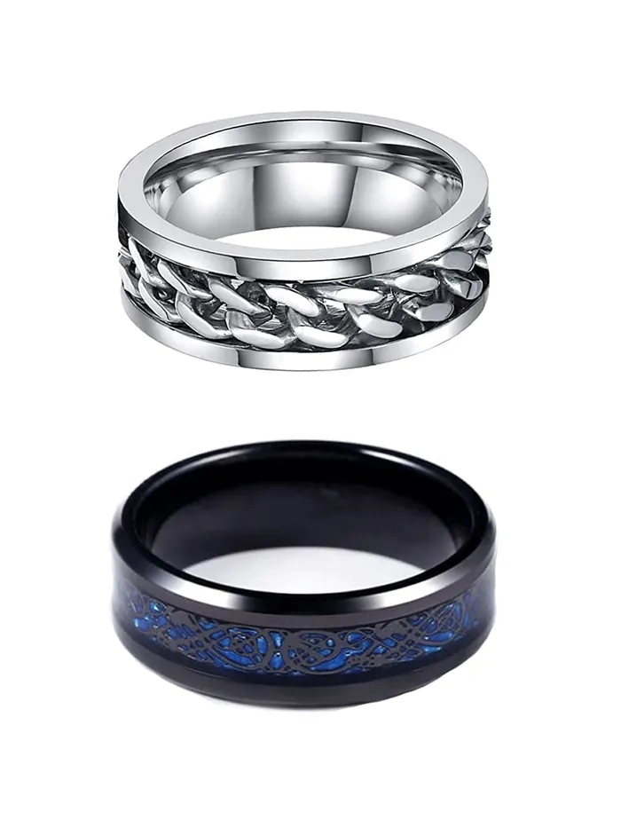 Yellow Chimes Yellow Chimes Rings for Men Pack of 2 Combo Rings Stainless Steel Ring and Blue and Black Dual Tone Dragon Celtic Smooth Finish Rings Ideal Gift For Men and Boys Earrings