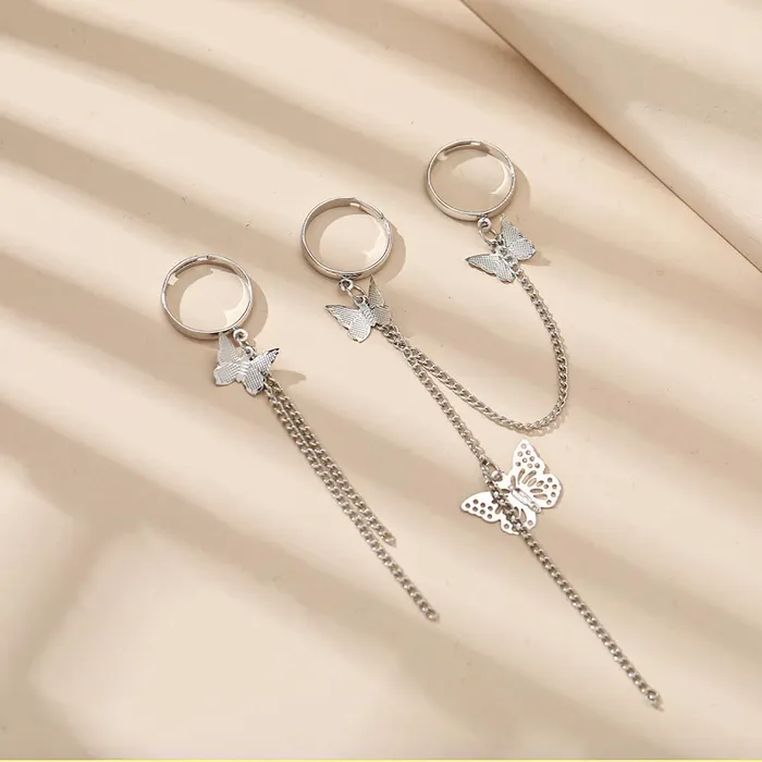 Yellow Chimes Yellow Chimes Rings for Women and Girls Chain Finger Rings Butterfly Adjustable 3 Pieces Silver Punk Chain Finger Rings Three Fingers Open Ring Birthday Gift For Girls and Women Earrings