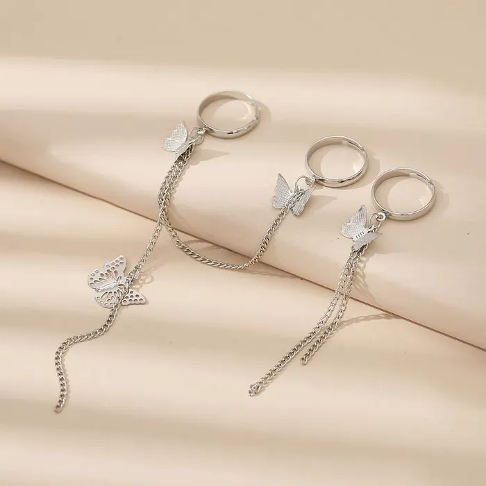 Yellow Chimes Yellow Chimes Rings for Women and Girls Chain Finger Rings Butterfly Adjustable 3 Pieces Silver Punk Chain Finger Rings Three Fingers Open Ring Birthday Gift For Girls and Women Earrings