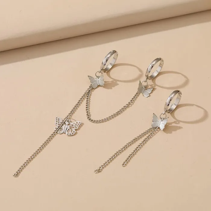 Yellow Chimes Yellow Chimes Rings for Women and Girls Chain Finger Rings Butterfly Adjustable 3 Pieces Silver Punk Chain Finger Rings Three Fingers Open Ring Birthday Gift For Girls and Women Earrings