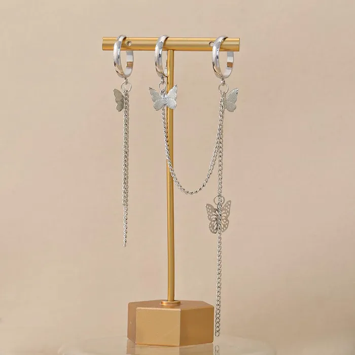 Yellow Chimes Yellow Chimes Rings for Women and Girls Chain Finger Rings Butterfly Adjustable 3 Pieces Silver Punk Chain Finger Rings Three Fingers Open Ring Birthday Gift For Girls and Women Earrings