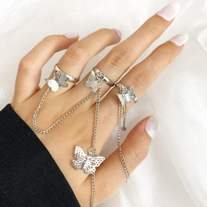 Yellow Chimes Yellow Chimes Rings for Women and Girls Chain Finger Rings Butterfly Adjustable 3 Pieces Silver Punk Chain Finger Rings Three Fingers Open Ring Birthday Gift For Girls and Women Earrings