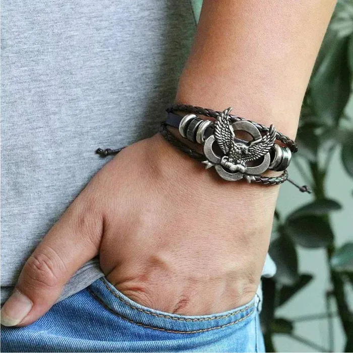 Yellow Chimes Yellow Chimes Stylish Vintage Black Leather Eagle Charm Design Casual Wrap Wrist Band Strand Bracelet For Men And Boys Necklaces