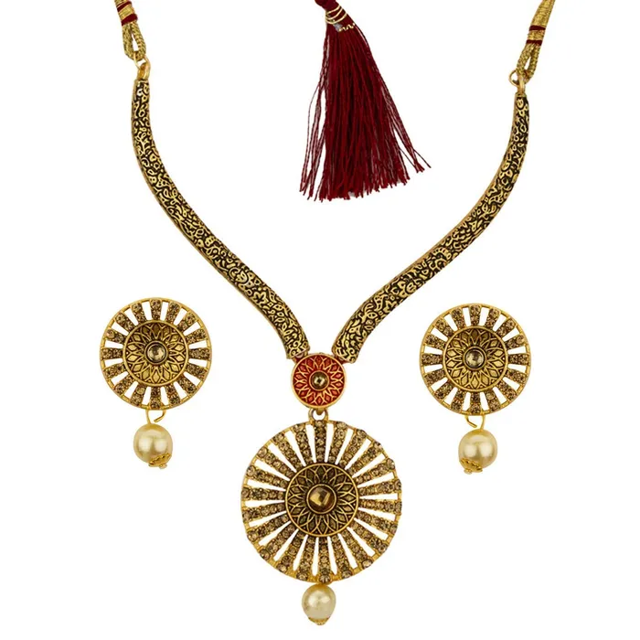 Yelo Chimes Latest Modern Floral Design Pearl Kundan German Oxidized Gold Plated Necklace With Earrings For Women Yellow Chimes Rings Yelo Chimes Latest Modern Floral Design Pearl Kundan German Oxidized Gold Plated Necklace With Earrings For Women Yellow Chimes Rings