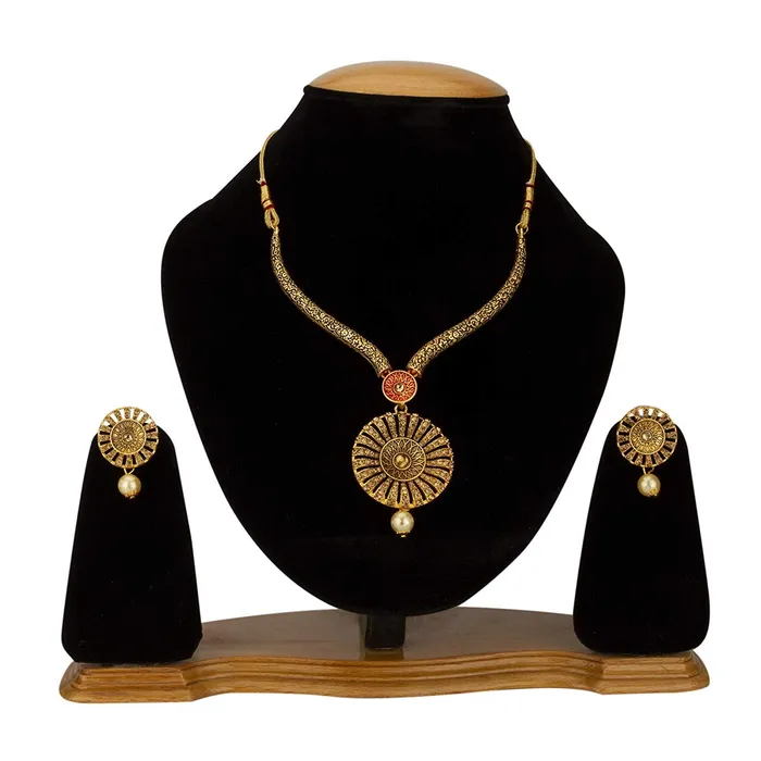 Yelo Chimes Latest Modern Floral Design Pearl Kundan German Oxidized Gold Plated Necklace With Earrings For Women Yellow Chimes Rings
